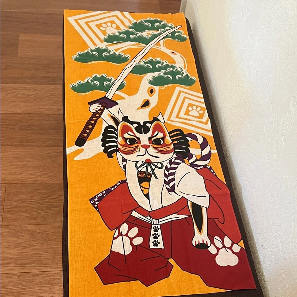 # 0893*35 L X 15W” Unframed Samurai Cat Tapestry/Vibrant Orange & Red Cat Lovers